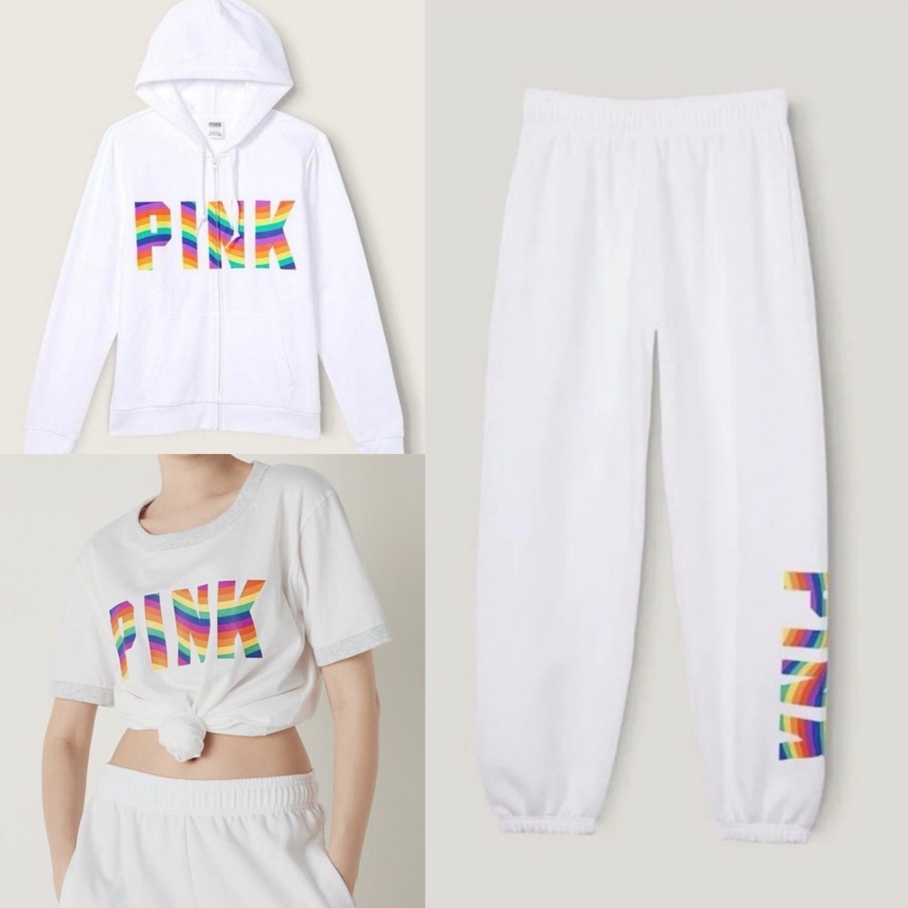 VS PINK Optic White *sizes Pride Sans Logo Zip-Up Sweatshirt, tee & Sweatpants